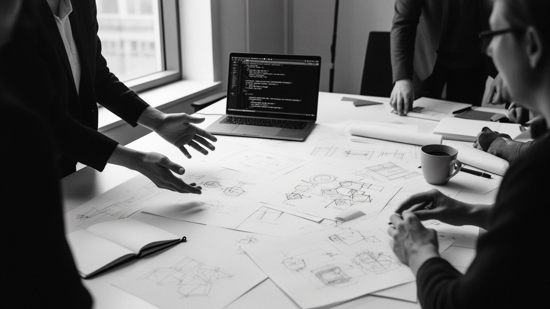Hands gesturing over a desk covered with sketches, diagrams, and a laptop, a working session inside the studio.
